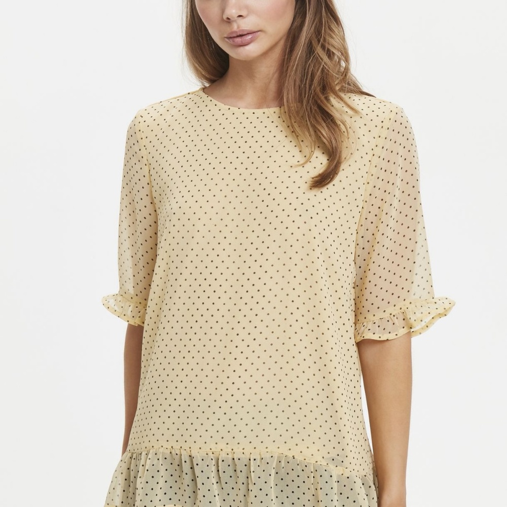 ICHI Elbow Sleeve Blouse Top Yellow Black Dot
